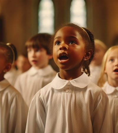 children's choir singing in church, wearing traditional choir clothes. Kids singing in catholic church with sunlight through window performance